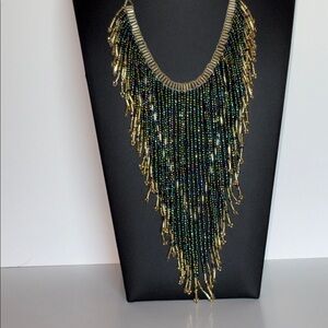 Gold Fringe Beaded Statement Necklace - Green-Multi Beads